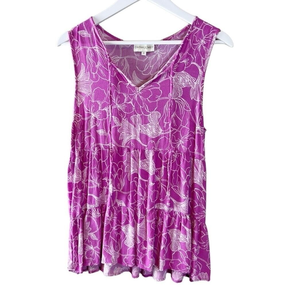 Cynthia Rowley Purple‎ Floral Tiered Babydoll Tank Top V-Neck Tie Sleeveless M